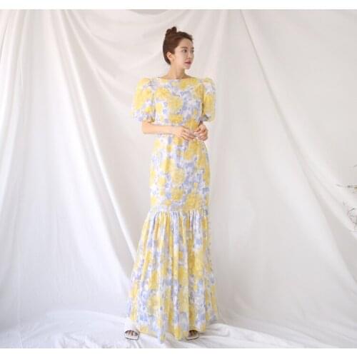 2021 New Fashion Korean Summer Dresses Womens Lantern Sleeves Slim Waist Printed Mermaid Long Dress Vestidos