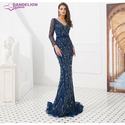 Luxury V-Neck Evening Dress for Women 2020 Long Sleeves Beading Mermaid Tulle Formal Party Prom Gowns