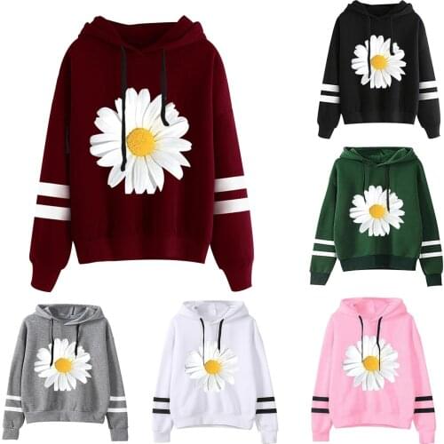 2020 Womens Long Sleeve Stripe Hoodie Sweatshirt Jumper Hooded Pullover Tops Blouse Chrysanthemum Print толстовка оверсайз F