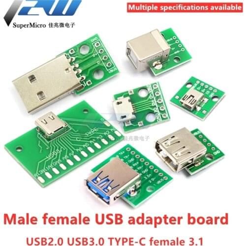 5pcs Micro Mini USB A Male USB 2.0 3.0 A Female USB B, Connector Interface A 2.54mm DIP PCB, Converter Adapter, Breakout Board