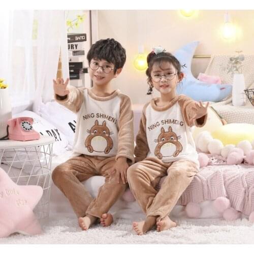 Kids Pyjamas Tops Pant Cartoon Flannel Sleepwear Autumn Winter Warm Childrens Clothing Girls Boy Pajama Sets Boys Pijama Set