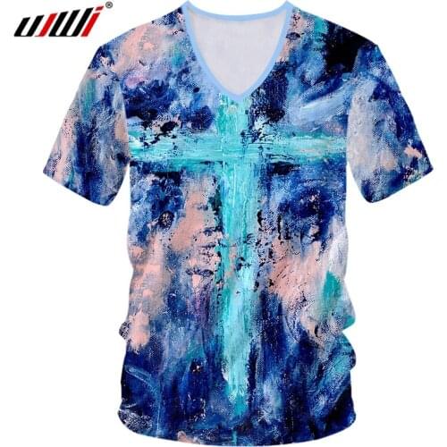 UJWI Summer New Oil Painting Tee Cross Pattern T Shirt 3D Printing Cute Art New Product Clothing Male Casual V-neck T-shirt 5XL