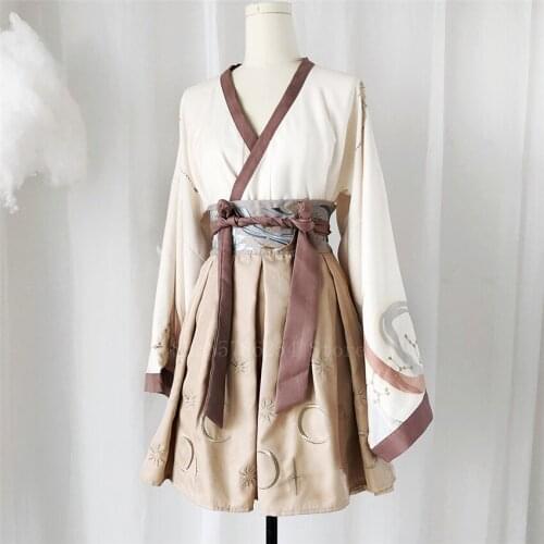Japanese Style Kimono Dress Set Kawaii Girls Women Retro Fancy Traditional Streetwear Ancient Embroidery Asian Skirts Outfits