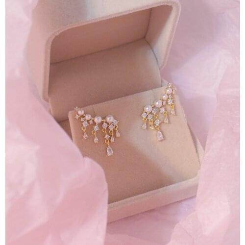 Sweet Temperament Shining Zirconia Pendant Earrings for Women Exquisite 14K Real Gold Small Tassel Earring Wedding Jewelry