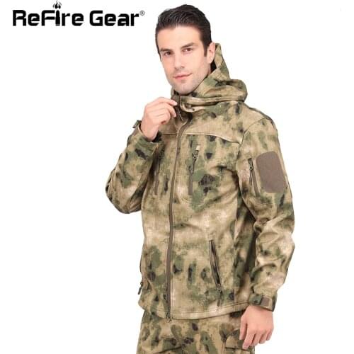 ReFire Gear Mens Tactical Autumn Winter Waterproof Camouflage Fleece Military Jacket Camouflage Fleece Hooded Windbreaker