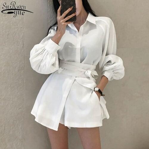 Lace Up Puff Sleeve Blouse & Wide Leg Shorts 2021 Autumn New Pant Suits Casual Short Suits for Women Female 2 Pieces Set 12376