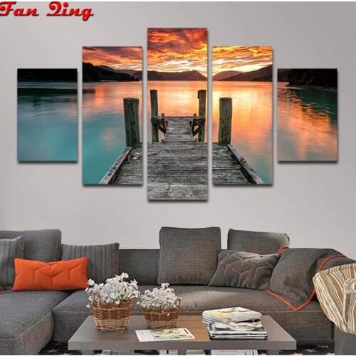 5pcs DIY Diamond Painting Sunset over the sea Full Square Diamond Embroidery Mosaic Picture Of Rhinestone