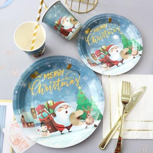 Christmas Decoration Dinner Plate New Year Party Supplies Disposable Santa Claus Paper Cup Plate Cutlery Set