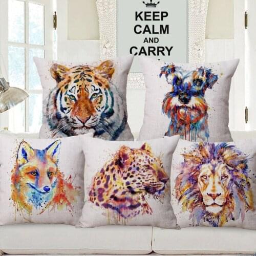 Hand Painting Animals Head Cushion Covers Racoon Penguin Tiger Dog Cougar Printing Linen Pillow Case