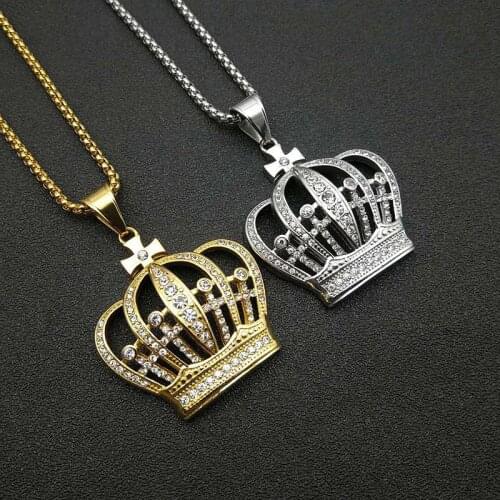 New Mens Hip Hop Gold Silver 316L stainless steel Plated Iced Out Crystal King Crown Pendant Necklace Fashion Jewelry Gift