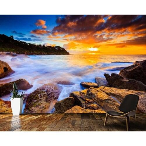 Papel de parede Beach stones sear landscape at sunrise and sunset 3d wallpaper mural,living room bedroom wall papers home decor