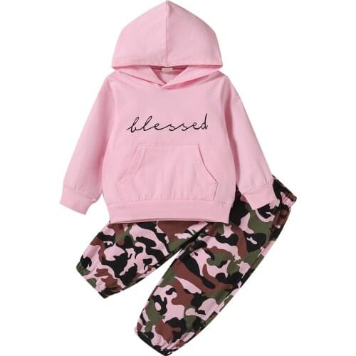 OPPERIAYA 2Pc Kids Autumn Tracksuit Letter Print Hooded Long Sleeves Sweatshirt Camouflage Casual Pants for Baby Girls 1-5 Years