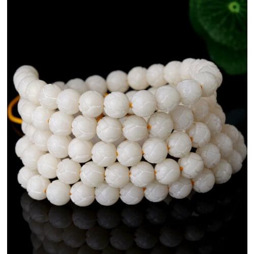 Tibetan Buddhism 108 White Bodhi Root Carving Lotus Mala Necklace