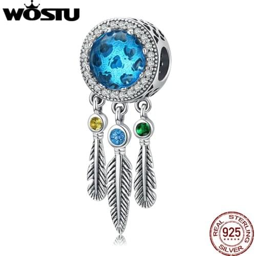 WOSTU Real 925 Sterling Silver Dreamcatcher Dangle Feather Charms Fit Original Bracelet Pendant Blue Glass Beads Jewelry CQC1384