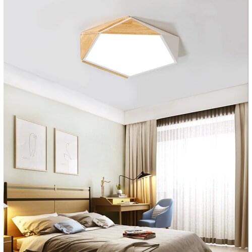 Geometrical Hexagon Nordic Wood Remote Control Ceiling Light Led Bedroom Kitchen Dining Room Ceiling Light 48W 110V House Light