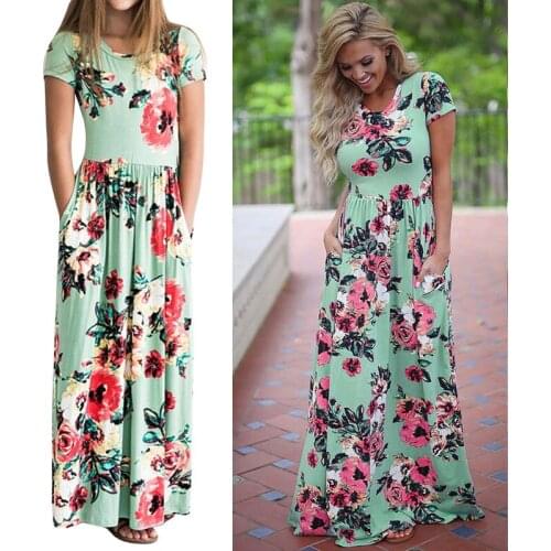 Mother Daughter Family Matching Outfits Clothes Summer Bohemian Style Beach Dress Flower Print Mommy and Me Parent Child Outfits