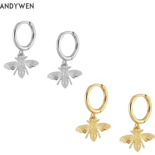 ANDYWEN 925 Sterling Silver Gold Pendientes Abei Bee Abel Gold Drop Earring 21mm Charm Women Animal Fashionable Jewelry