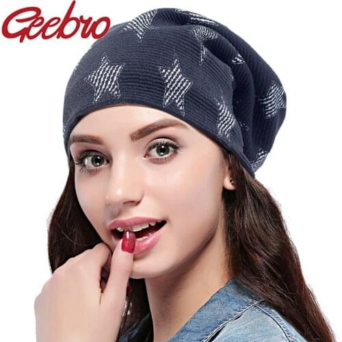 Geebro Women Casual Soft Stars Skull Benies Hats Elastic Warm Skullies Autumn Winter Thick Hat For Female With Velvet Cap