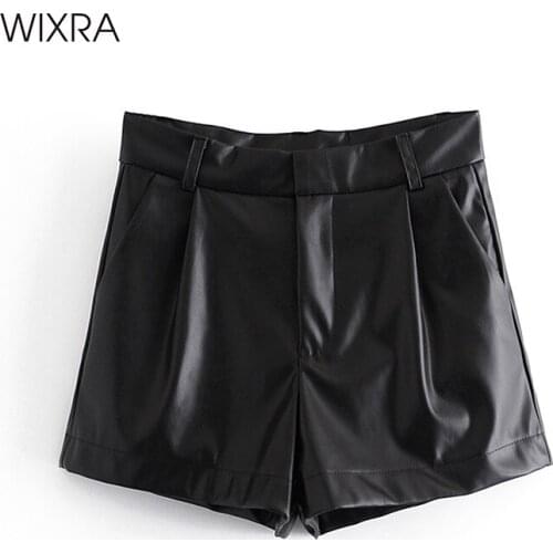 Wixra Casual Womens Pu Shorts Pockets Streetwear Basic All Base Match Ladies Bottom 2021 Spring Summer New