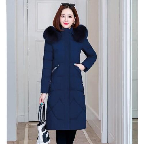 Thicken Slim Womens Winter X-Long Parkas Fur Collar Hooded Casual Cotton Padded Coat for Female Warm Solid Zipper Down Jacket