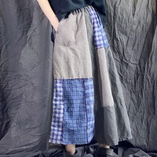Johnature Retro Patchwork Pockets Irregular Half Skirts 2021 Autumn Winter New Loose Leisure Cotton Linen Women Fashion Skirt