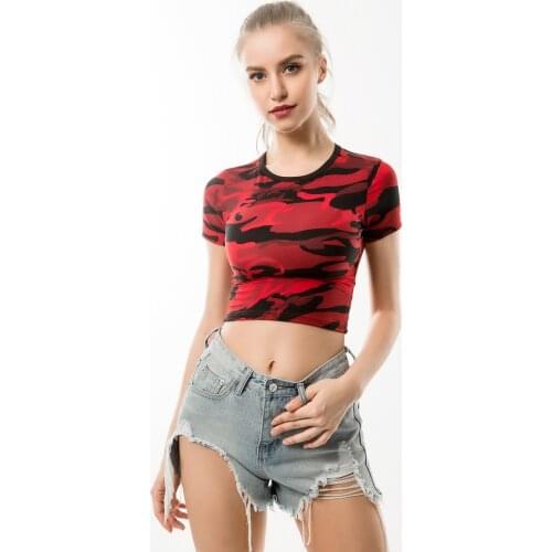 Summer Camouflage Short Sleeved T-shirt Women Striped Round Neck T-shirt Round Dot Bare Midriff T-shirt