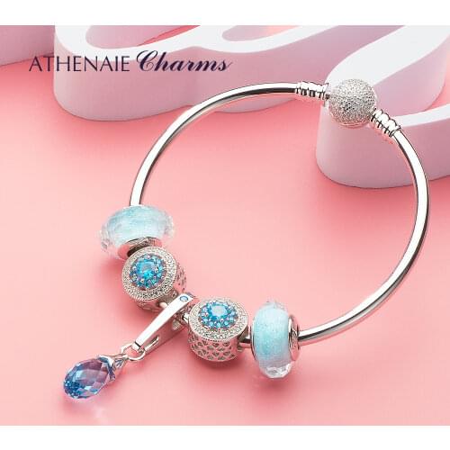 ATHENAIE 925 Sterling Silver Blue Sea Charms Bracelet Bangles Fit All European Charm Beads Anniversary Women DIY Jewelry Gifts