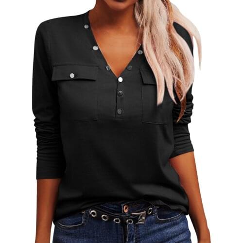 Women T Shirts Autumn Polyester Tops 2021 Casual Long Sleeve Plus Size V Neck Button Up Pocket Female Basis Pullover Tops 4