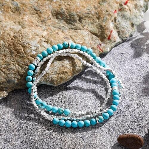 Bohemia Natural Stone Turquoises Pulsera Handmade Bracelet for Women Vintage Geometric Metal Beaded Chain Bracelets Jewelry Gift