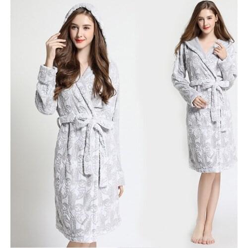 Hooded BathRobes Women Plus Size Thicken Flannel Robe Winter Nightdress Long Sleeve Warm Homewear Femme Dressing Gown