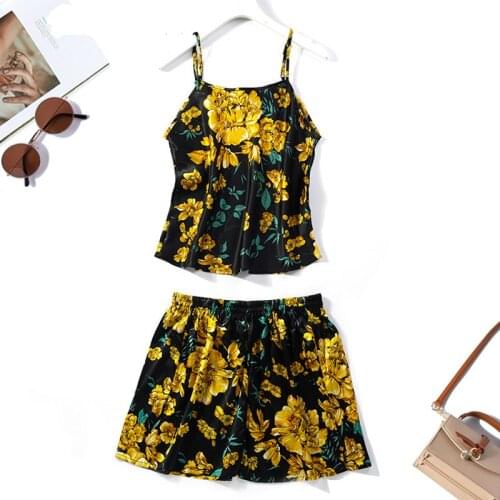 Womens 100% Mulberry Silk Satin Silk Printed Camisole with Shorts Pajama Set Sleepwear JN627