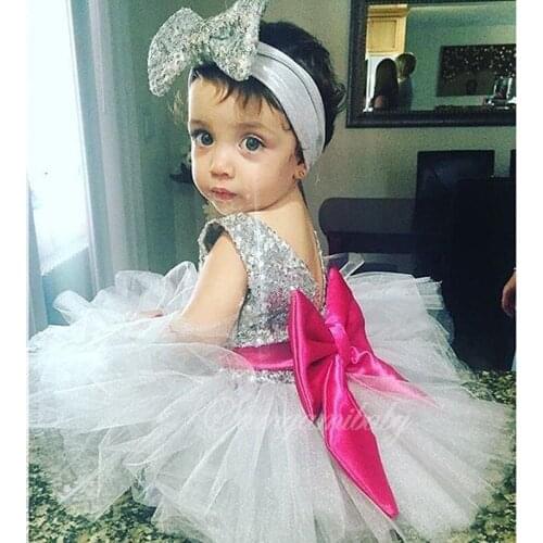Girl Silver Sequin Mesh Lace Dress With Big Bow-knot And Bow-knot Headwear 2 Pcs Set Kid Halloween Princess Cosplay Costumes