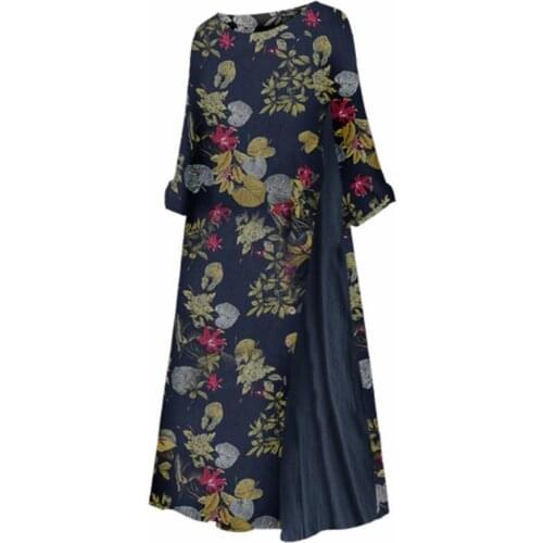 Plus Size Dress Women Elegant Flower 3/4 Sleeve O Neck Floral Leaves Print Stitching Party Loose платье Maxi Dress