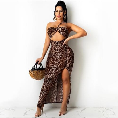 Leopard Animal Print Sexy Party Club Dress Women One Shoulder Asymmetrical Bandage Dress Vintage Cut Out Side High Split Robe