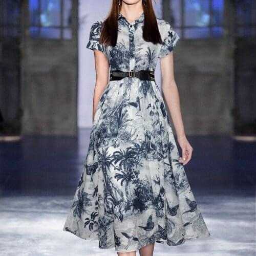 Vintage Landscape Ink Painting Print Women Dress Short Sleeve A-Line Dresses 4607