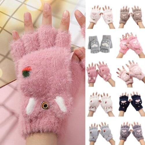 1Pair Winter Ladies Cartoon Gloves Plush Half-finger Clamshell Plus Velvet Thickening Cute Cartoon Style Warm Gloves