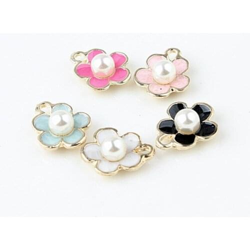 10pcs/lot Pearl Flower fittings Dangle Charms Gold-Color Floating Enamel Charms Pendant Fashion Handmade Jewelry Accessories DIY