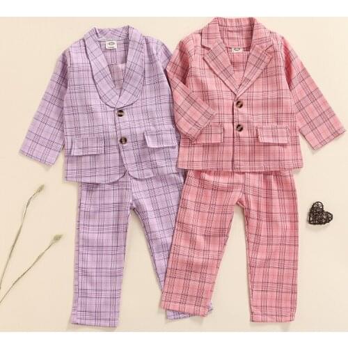 2-7Y Fashion Toddler Kids Baby Girl Plaid Outfits Strap Camis Long Sleeve Jacket Coat Long Pant 3PCS Brazer Suit Clothes Set
