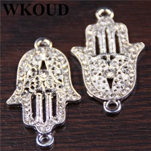 4pcs Silver Plated Handmade Rhinestone *Hamsa Hands* Alloy Pendants Fashion Necklace Bracelet DIY Jewelry Charm Findings 37*22mm