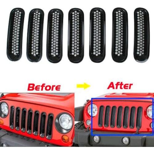 7pcs Matte Black Clip-in Front Grille Mesh Inserts Mesh Grille Guard for Jeep Wrangler JK 2007-2016