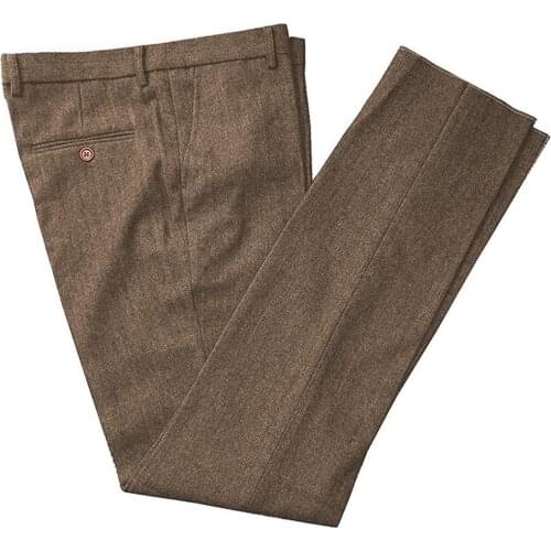 Mens Suit Brown Pants Wool Tweed regular fit Leisure Cotton Male Gentleman Herringbone Business Trousers for Wedding Groomsmen