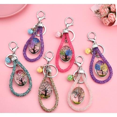 Gypsophila Dried Flower Keyring New Plant Butterfly Keychain Time Gem Handmade Glass Bag Pendant Key Holder for Women