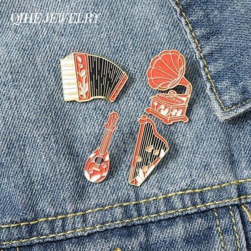 QIHE Jewelry Classical Musical Instrument Enamel Pins Ukulele Guitar Harp Accordion Phonograph Enamel Pin Gift for Music Lover