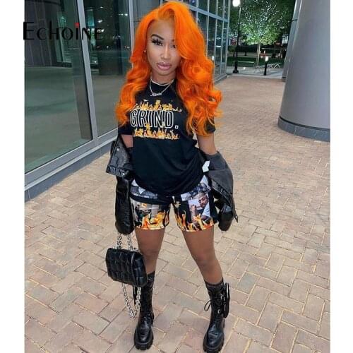 Echoine Summer Hip-hop Fire Letter Print Short Sleeve Tshirt Tops Pants Two Pieces Set Women Casual Tracksuits Street Outfits