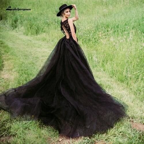 Lakshmigown Gothic Black Wedding Dress 2021 Robe Blanche Sexy Bridal Dress Lace Bodice Boho Country Style Wedding Gown Open Back