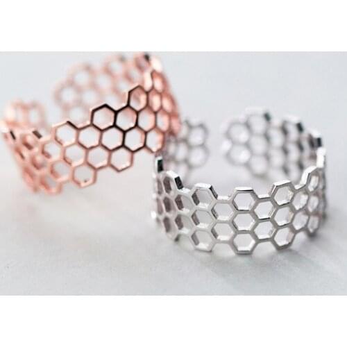 MloveAcc Elegant Lady Hollow Honeycomb Shape Adjustable Rings S925 Sterling Silver Jewelry Open Rings Women