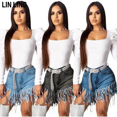 Fashion Street Diamond Tassel Fringed Bodycon Denim Shorts Versatile Solid Straight Trousers