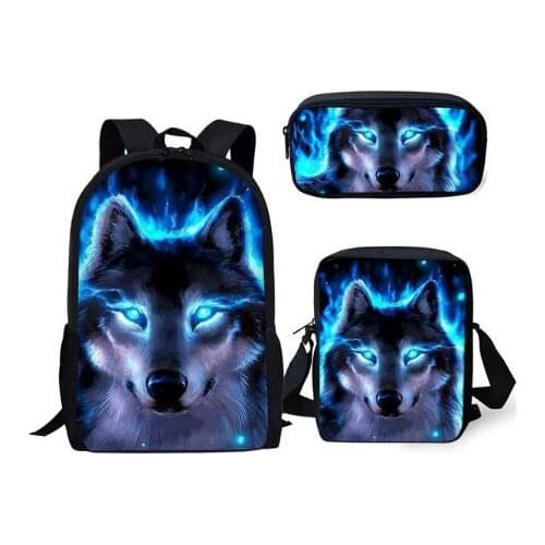 Backpacks Set Fantasy Wolf Pattern School Book Bags Cartoon Animal Students 3PCs/Set Backpack/Flaps Bag/Pen Bags