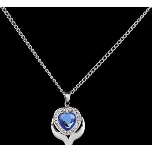 Blue Crystal Heart Urn Cremation Necklace with Silver Color Urn Memorial Ash Keepsake Urn Heart Pendant Neckace for Men Women