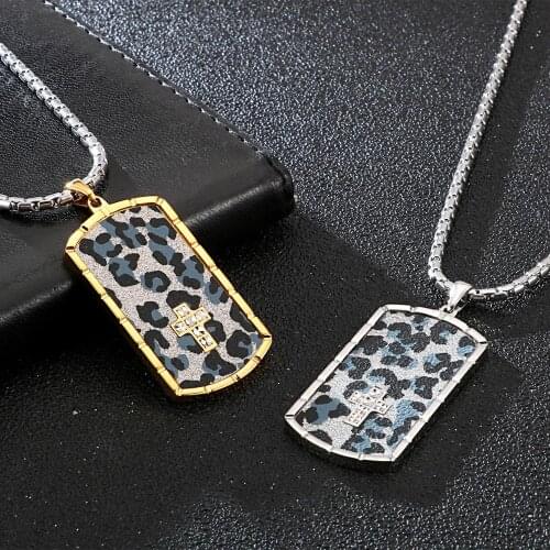 Rectangle Leopard Print Charm Men & Women Pendant Necklace Stainless Steel Lover Pendants for Couple Cross Blessing Jewelry